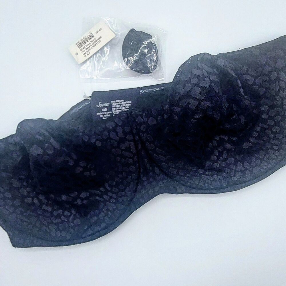 Soma Eva Unlined Strapless Bra Size 42D Black Animal Jacquard Adjustable NEW!
